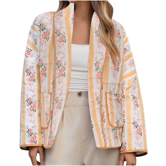 Wensltd Quilted Jackets for Womens Lightweight Floral Print Winter Open Front Cardigan Coats with Pockets