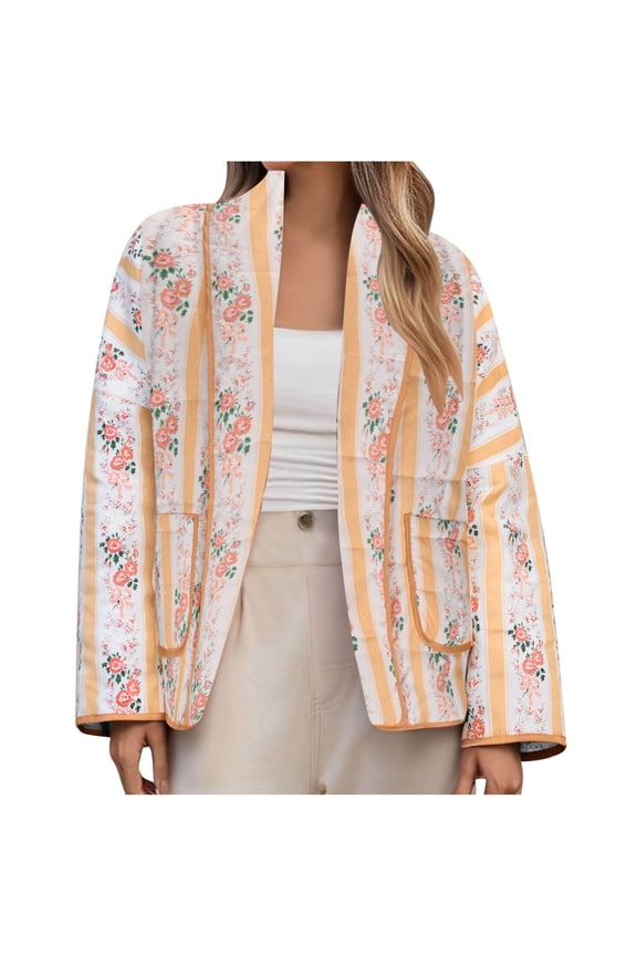 Quilted Jackets for Womens Lightweight Floral Print Winter Open Front Cardigan Coats with Pockets