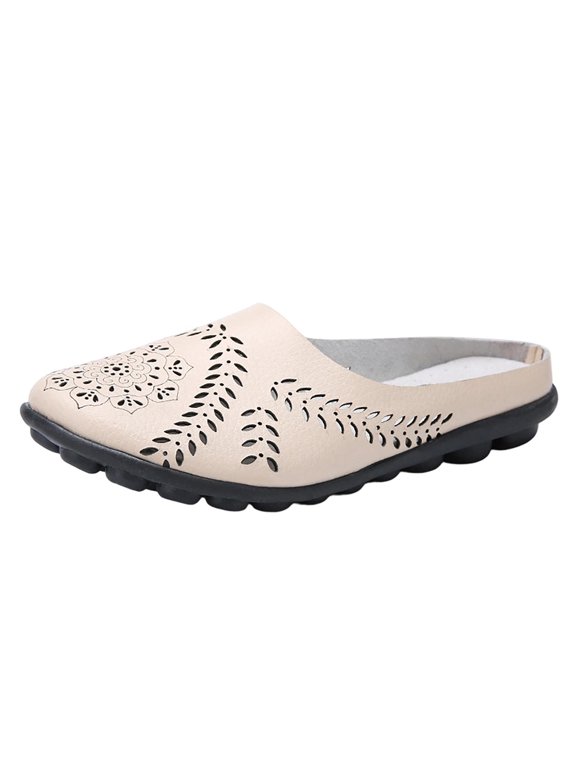 Sandals Women Hollow Backless Flat Breathable Closed Toe Walking Solid Color Sandals Beige