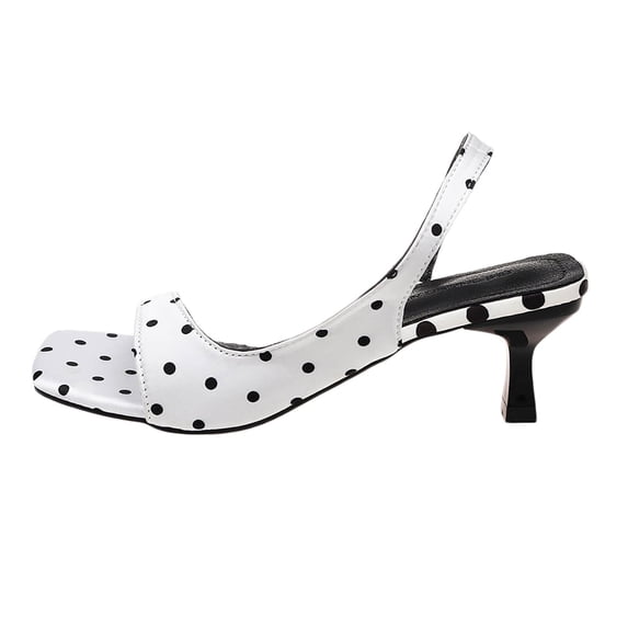 Wensltd Sandals Women Polka Dot Square Open Toe Slingback Kitten Heel Summer Sandals Casual Party Solid Color White