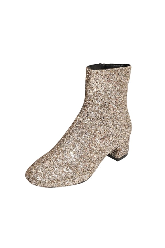 Sequin Boots for Women Round Toe Side Zip Evening Party Shoes Casual Fashion Low Heel Ankle Boots