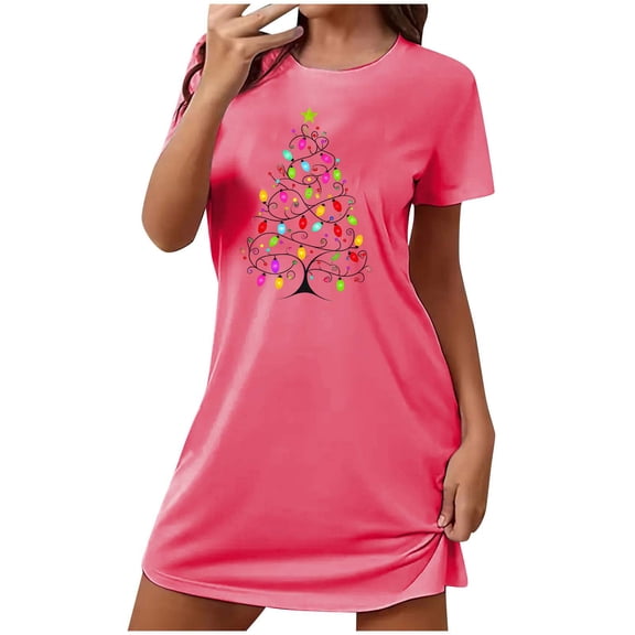 Wensltd Short Sleeve Nightdress for Women Christmas Crew Neck Loose Fit Festive Soft Comfortable Sleepwear for Holiday