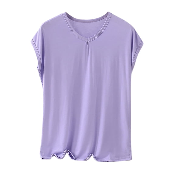 Wensltd Sleep Shirts for Women Pajama Tops Round Neck Solid Color Short Sleeve Tops