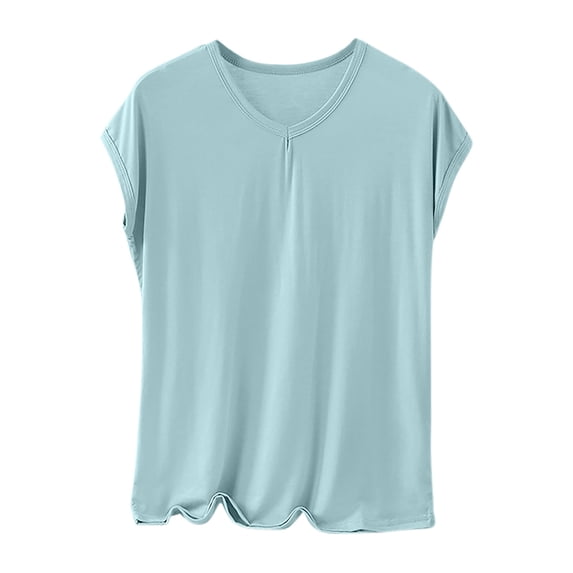 Wensltd Sleep Shirts for Women Pajama Tops Round Neck Solid Color Short Sleeve Tops