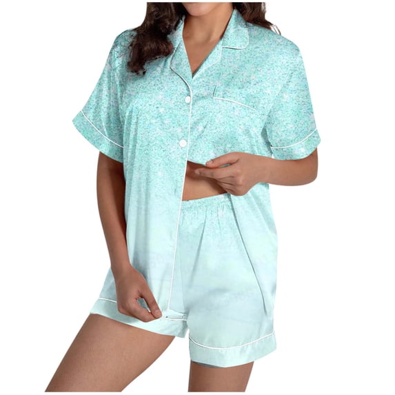 Wensltd Soft Printed Pajama Set for Women Collared Short Sleeve Top and Shorts with Pockets Summer Spring Lightweight Comfortable Sleepwear