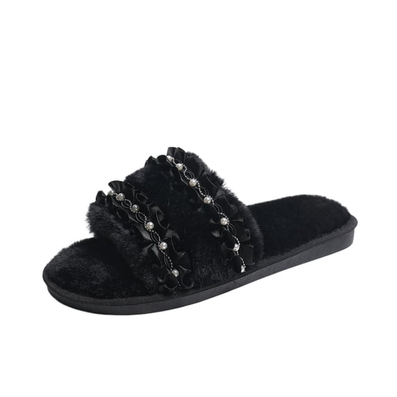 Wensltd Soft Sole Slippers for Women Fluffy Slippers Flat Warm Slippers for Bedroom Black