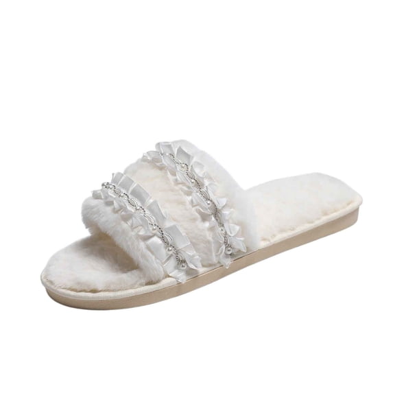 Wensltd Soft Sole Slippers for Women Fluffy Slippers Flat Warm Slippers for Bedroom White