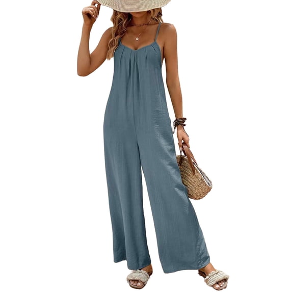 Wensltd Spaghetti Strap Summer Jumpsuits for Women Casual Loose Plus Size Jumpers with Pockets