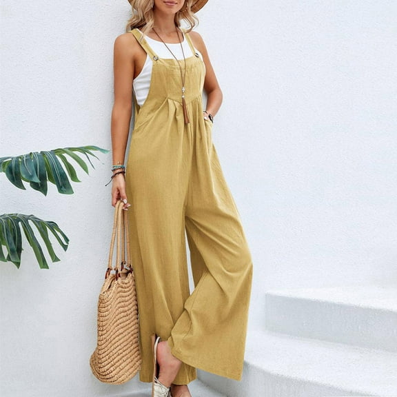 Wensltd Spaghetti Strap Summer Jumpsuits for Women Casual Loose Plus Size Jumpers with Pockets