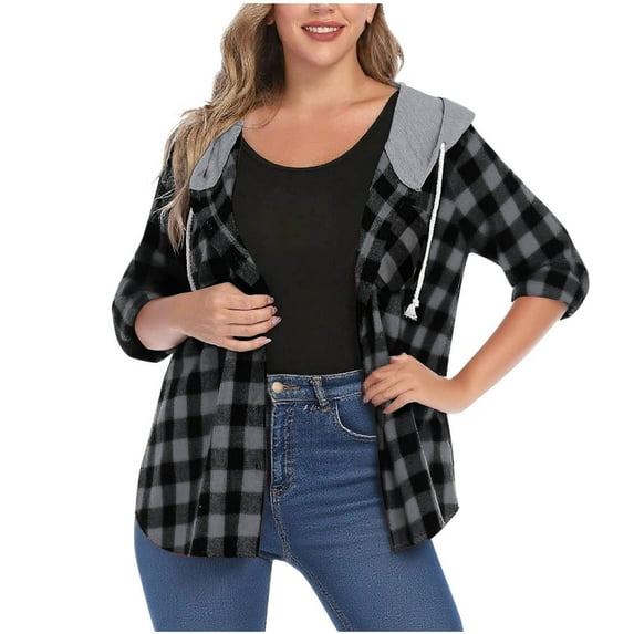 Wensltd Spring Fall Jacket for Women Long Sleeve Lightweight Fashion Plaid Hooded Cardigan Tops