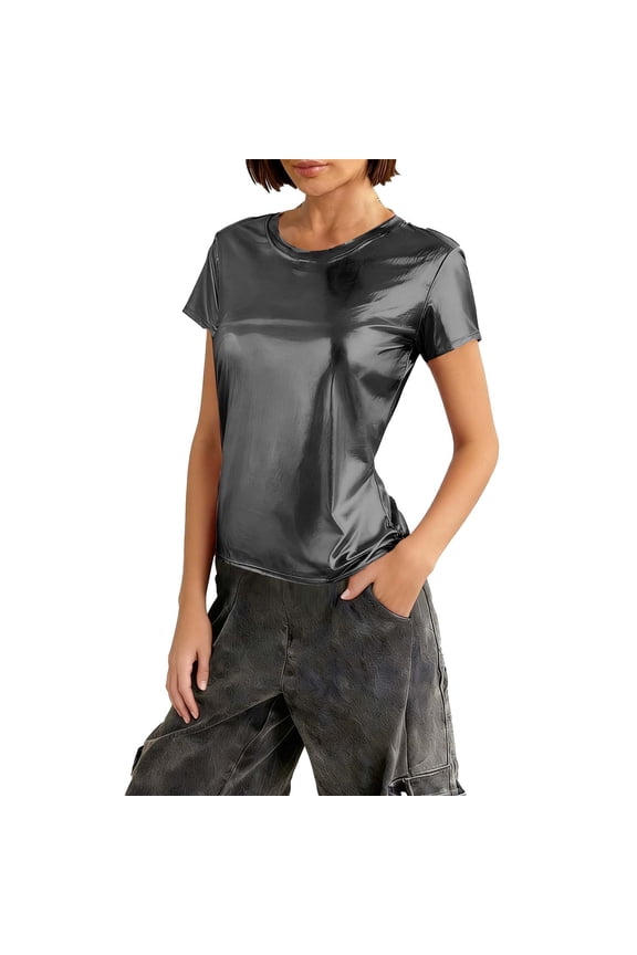 Spring Summer Trendy Top Womens Solid Color Crew Neck Short Sleeve Tee Basic Layering Shirt Black S
