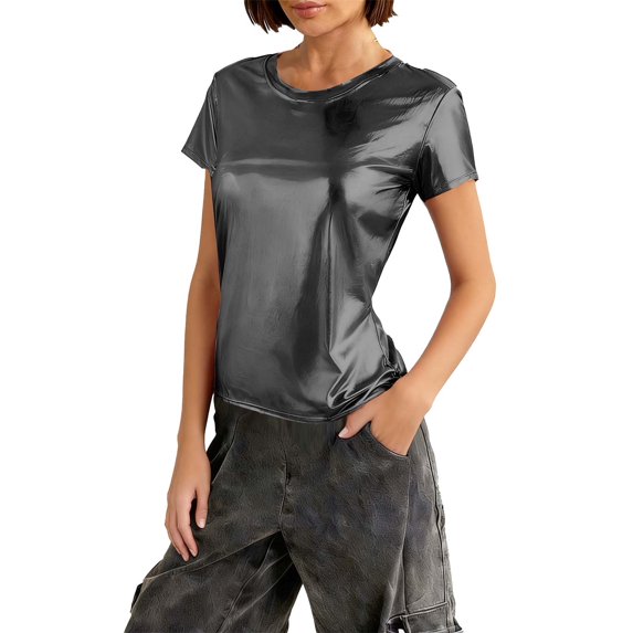 Wensltd Spring Summer Trendy Top Womens Solid Color Crew Neck Short Sleeve Tee Basic Layering Shirt Black XL