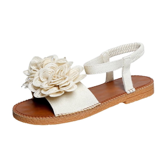 Wensltd Spring Summer Women Flower Decor Open Toe Elastic Sandals Casual Daily Wide Width Sandals Beige