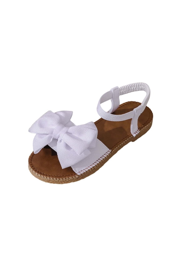 Strappy Sandals Women Wide Width Bow Decor Open Toe Sandals Casual Back Elastic Flat Sandals White