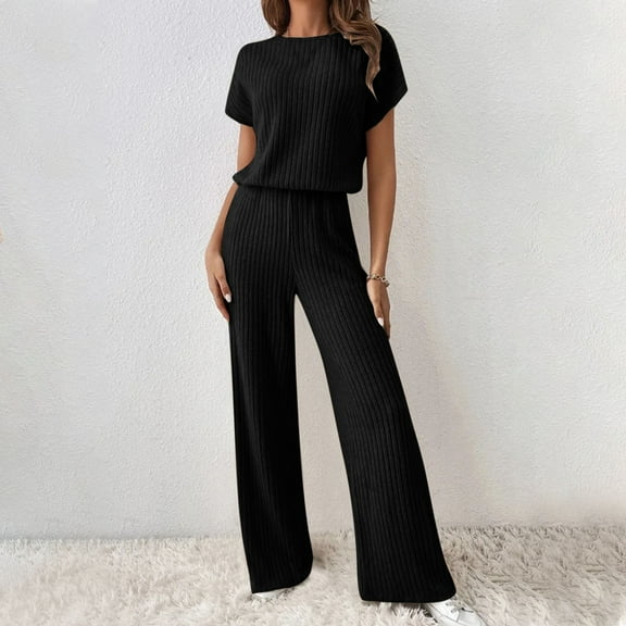 Wensltd Summer Outfits for Women Round Neck Solid Short Sleeve Blouse and Long Pants