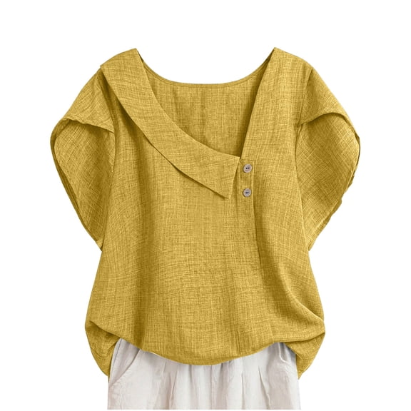 Wensltd Summer Plus Size Tops Women Stripe Linen Button Short Sleeve