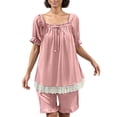 thumbnail image 1 of Wensltd Summer Short Sleeve Pajamas Set Home Wear Fashion Lace Trimmed Loose Fit Casual Sleepwear Pink, 1 of 5