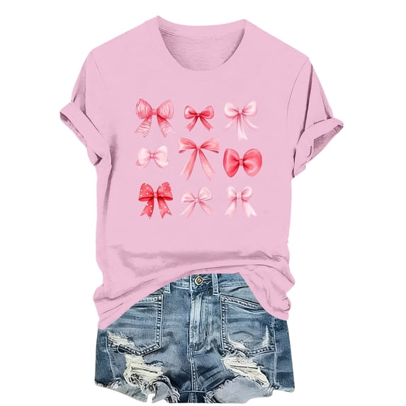 Wensltd Summer Short Sleeve T Shirts for Women Casual Valentine's Day Bow Print Tops Trendy Soft Graphic Tees Comfortable Blouses