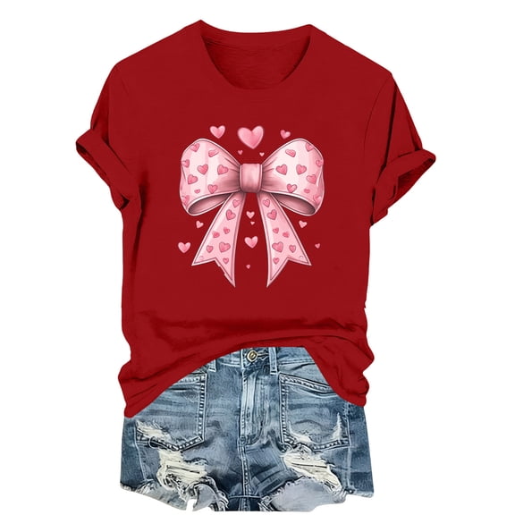 Wensltd Summer Short Sleeve Tops for Women Loose Fit Soft Breathable Valentine's Day Graphic Tees Comfortable Spring Blouses
