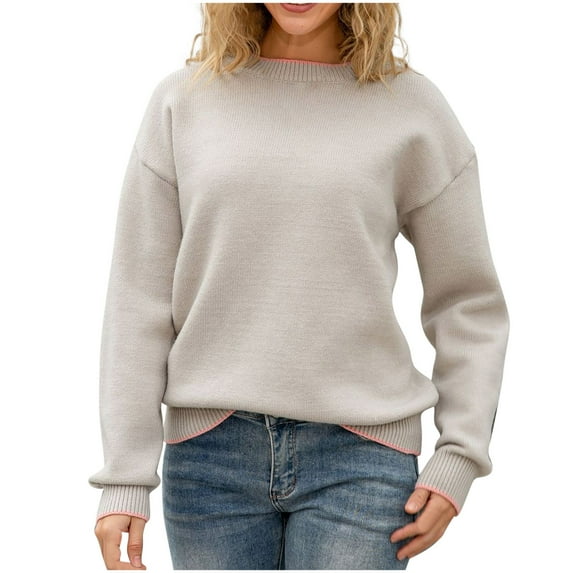 Wensltd Sweater Women Solid Vintage Pullover Sweater Crewneck Long Sleeve Tops