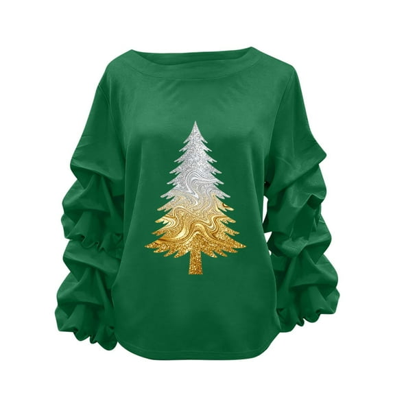 Wensltd Sweatshirt for Women Loose Fit Crew Neck Christmas Tree Print Black Long Sleeve Hoodless Blouse Holiday Red