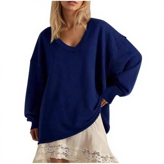 Wensltd Top for Womens Spring Long Sleeve Solid Color V Neck Sweatshirt Loose Casual Comfy Fashion Clothing