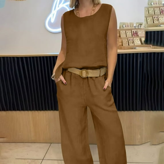 Wensltd Two Piece Sets for Women Summer Vacation Outfits Sleeveless Tops Lounge Matching Clothes