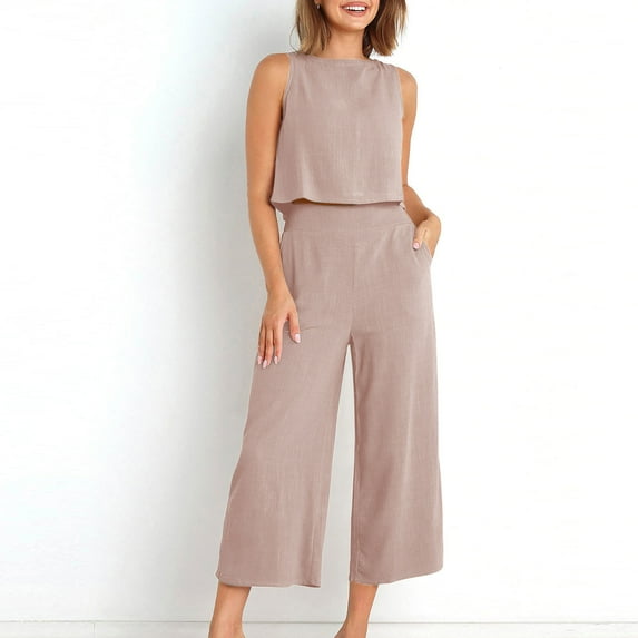 Wensltd Two Piece Sets for Women Summer Vacation Outfits Sleeveless Tops Lounge Matching Clothes