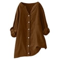 thumbnail image 1 of Wensltd V-Neck Long Sleeve Shirts for Women Loose Button Linen Tunic Summer Blouse With Pocket, 1 of 6