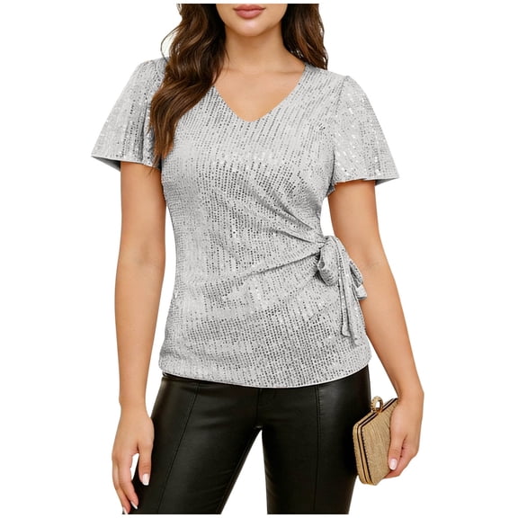 Wensltd V Neck Tops Women Pullover Fashion Solid Color Short Sleeve Sequin Dressy Blouses for Party Night Out Silver L