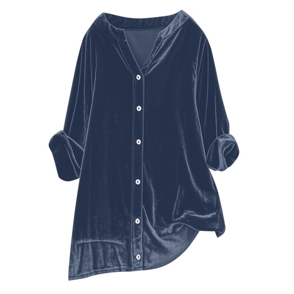 Wensltd V Neck Velvet Top for Women Vintage Casual Button Down Shirts Long Sleeve Blouses