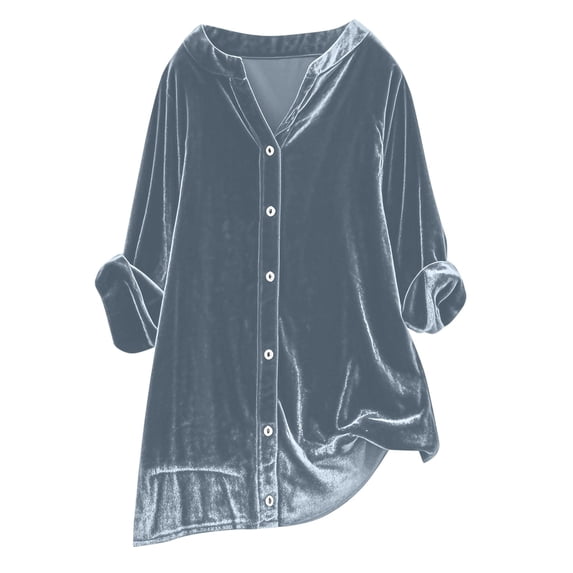 Wensltd V Neck Velvet Top for Women Vintage Casual Button Down Shirts Long Sleeve Blouses