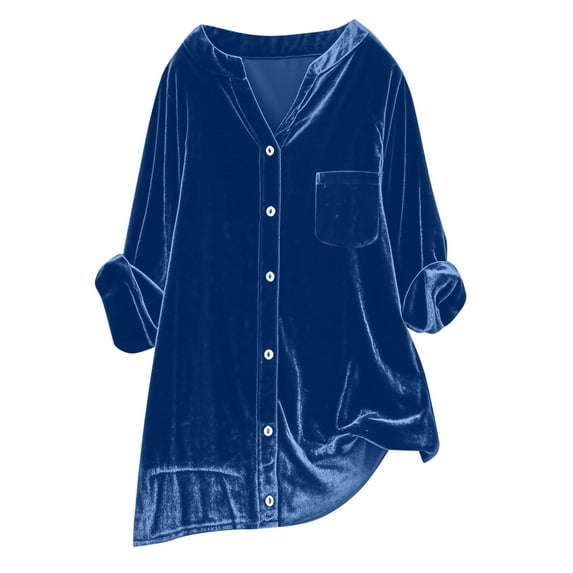 Wensltd V Neck Velvet Top for Women Vintage Casual Button Down Shirts Long Sleeve Blouses