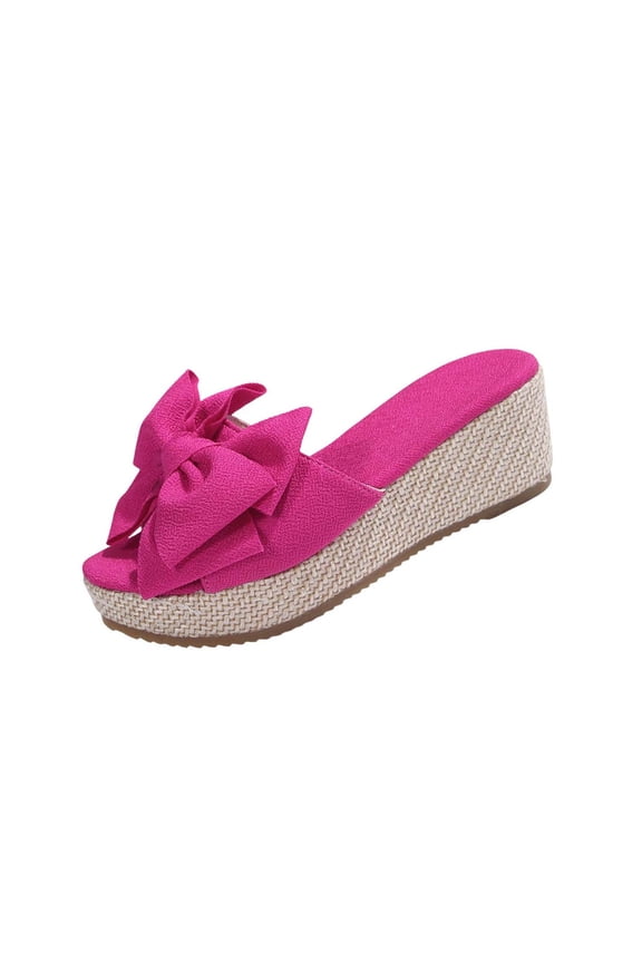 Wedge Sandals for Women Solid Color Bow Round Toe Sandals Casual Open Toe Thick Sole Summer Beach Outdoor Fashion Hot Pink