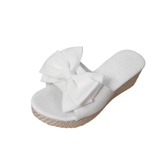Wensltd Wedge Sandals for Women Solid Color Bow Round Toe Sandals Casual Open Toe Thick Sole Summer Beach Outdoor Fashion White