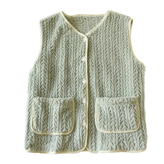 Wensltd Winter Button Down Vest Pajama for Women Fleece Lined Warm Solid Color Cozy Sleepwear with Pockets