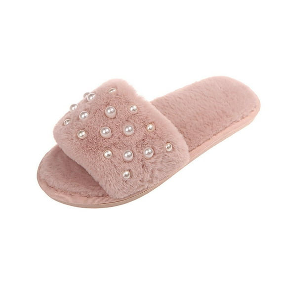 Wensltd Winter Cotton Slippers for Women Cute Warm Slides House Indoor Fluffy Plush Flat Shoes Black