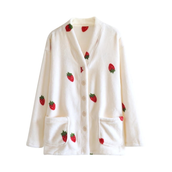 Wensltd Winter Flannel Cardigan Pajamas Women Loose Fit V Neck Single Piece Home Wear Top for Cold Season Indoor