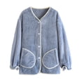 thumbnail image 1 of Wensltd Winter Fleece Lined Pajama Top for Women Button Down Long Sleeve Thickened Solid Color Sleepwear with Pockets, 1 of 3