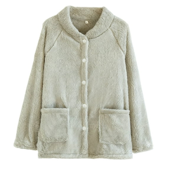 Wensltd Winter Fleece Lined Pajama for Women Button Down Long Sleeve Warm Thickened Solid Color Cozy Soft Home Sleepwear