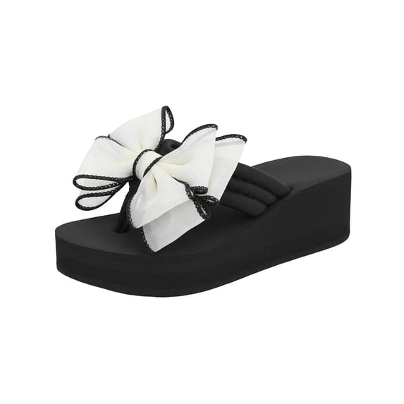 Wensltd Wome Bow Flip Flops Heel Lightweight All Season for Daily Casual Beach Outdoor Slippers White