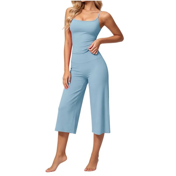 Wensltd Women 2 Piece Outfits Spaghetti Strap Tank Top and High Waist Cropped Wide Leg Pants Set for Daily Wear