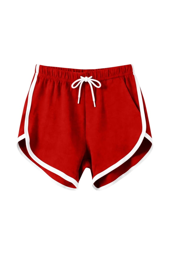 Women 2PC Casual Workout Shorts with White Trim Elastic Waist Drawstring Summer Shorts Red