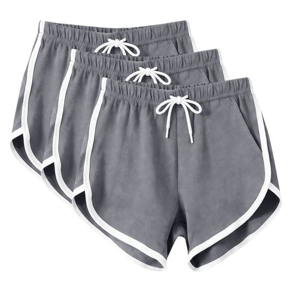 Wensltd Women 3 Pieces Curved Hem Shorts with White Trim Elastic Waist Drawstring Casual Workout Shorts Gray