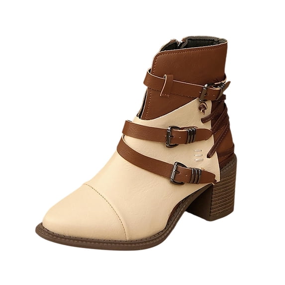 Wensltd Women Ankle Boots Fashion Wide Width Chunky Heel With Belt Buckle Short Boots Versatile Comfortable Round Toe Daily Wear Booties for Women