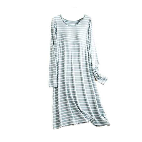 Wensltd Women Autumn Winter Round Neck Padded Sleepwear Long Sleeve Striped Homewear Comfortable Solid Color Nightgown