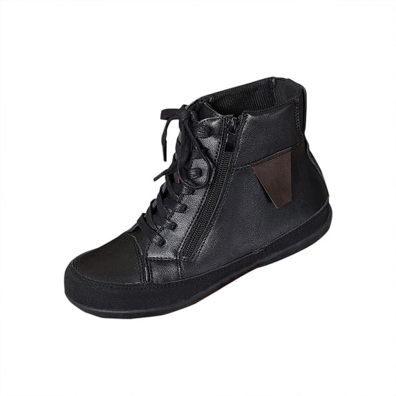 Wensltd Women Black Flat Ankle Boots Wide With Solid Color Zipper Fashion Lace Up Outdoor Walking Booties