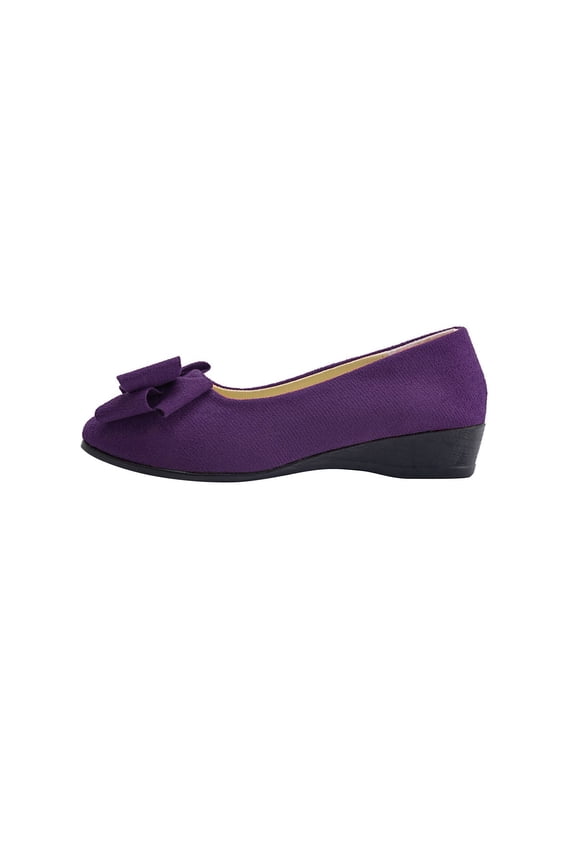 Women Bow Decor Wedge Heel Loafers Solid Color Closed Toe Work Office Daily Walking Comfort Shoes Purple
