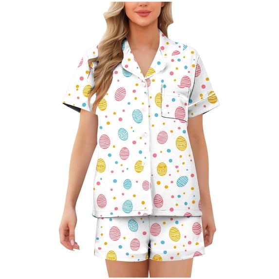 Wensltd Women Button Front Pajama Set Collared Neck Short Sleeve Top and Shorts Soft Breathable Relaxed Fit Casual Home Sleep Wear Multicolor