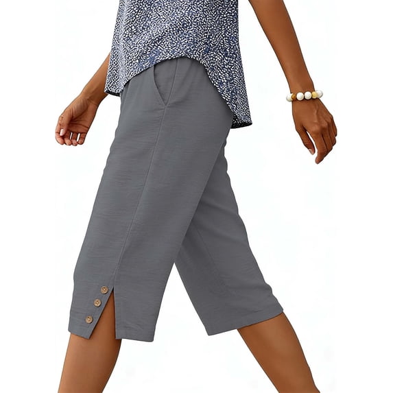 Wensltd Women Capri Pants Elastic Waist Button Detail Split Hem Soft Lightweight Casual Wear With Pockets